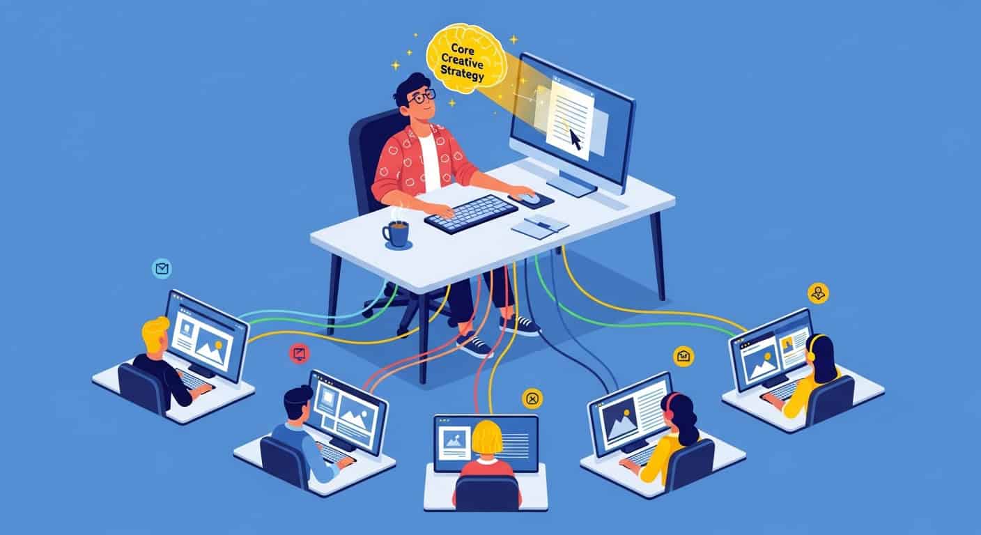 undefined Core creative strategy illustration, team collaboration, connected via computers.